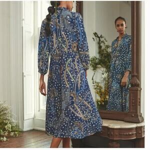 Cara Cara Tanglewood Dress Batik Blue Midi Cinch Waist  Tassels Sz S